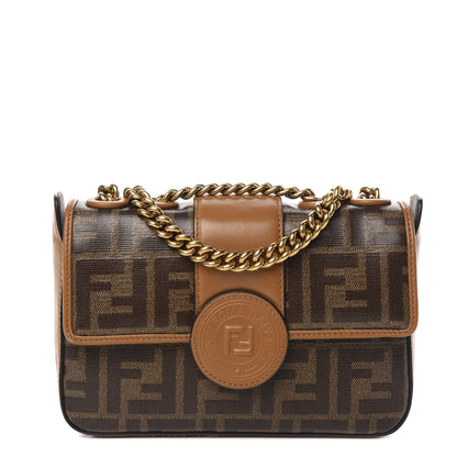 Fendi Glazed Fabric Vitello Century FF 1974 Stamp Patch Mini Double F Crossbody Bag Mogano Panna Caramello 1 of 10