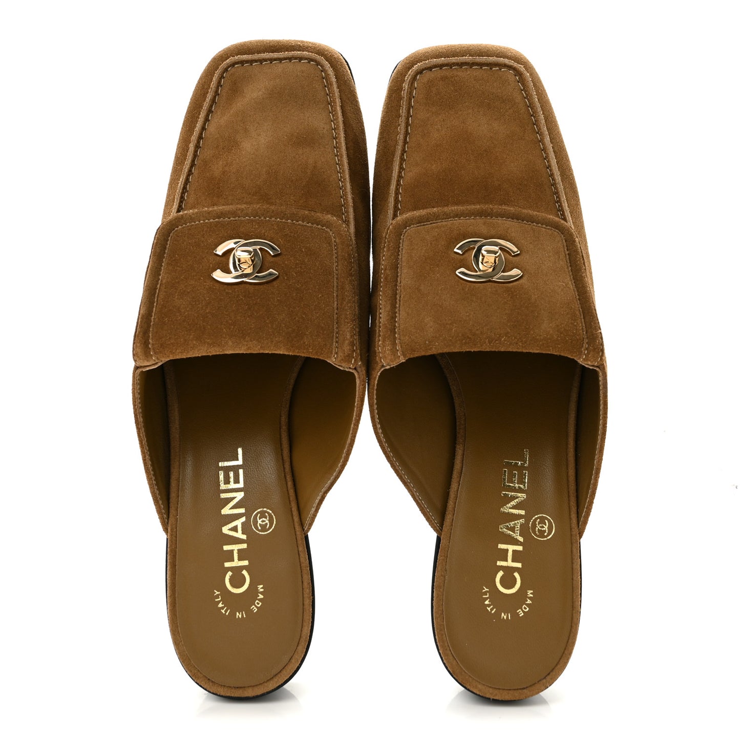 Suede Calfskin CC Turn Lock Mules 40 Dark Beige