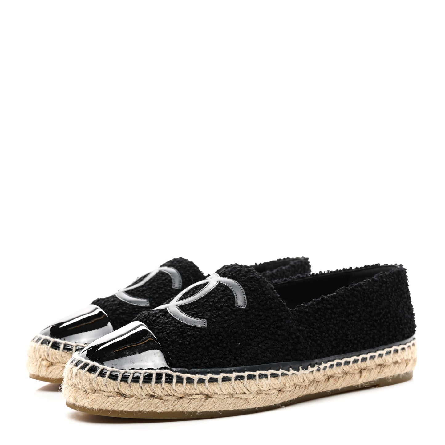 Tweed Lambskin Patent Calfskin CC Espadrilles 40 Black Navy Blue
