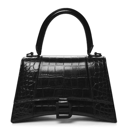 Balenciaga Shiny Calfskin Monochrome Crocodile Embossed Small Hourglass Top Handle Bag Black 1 of 16