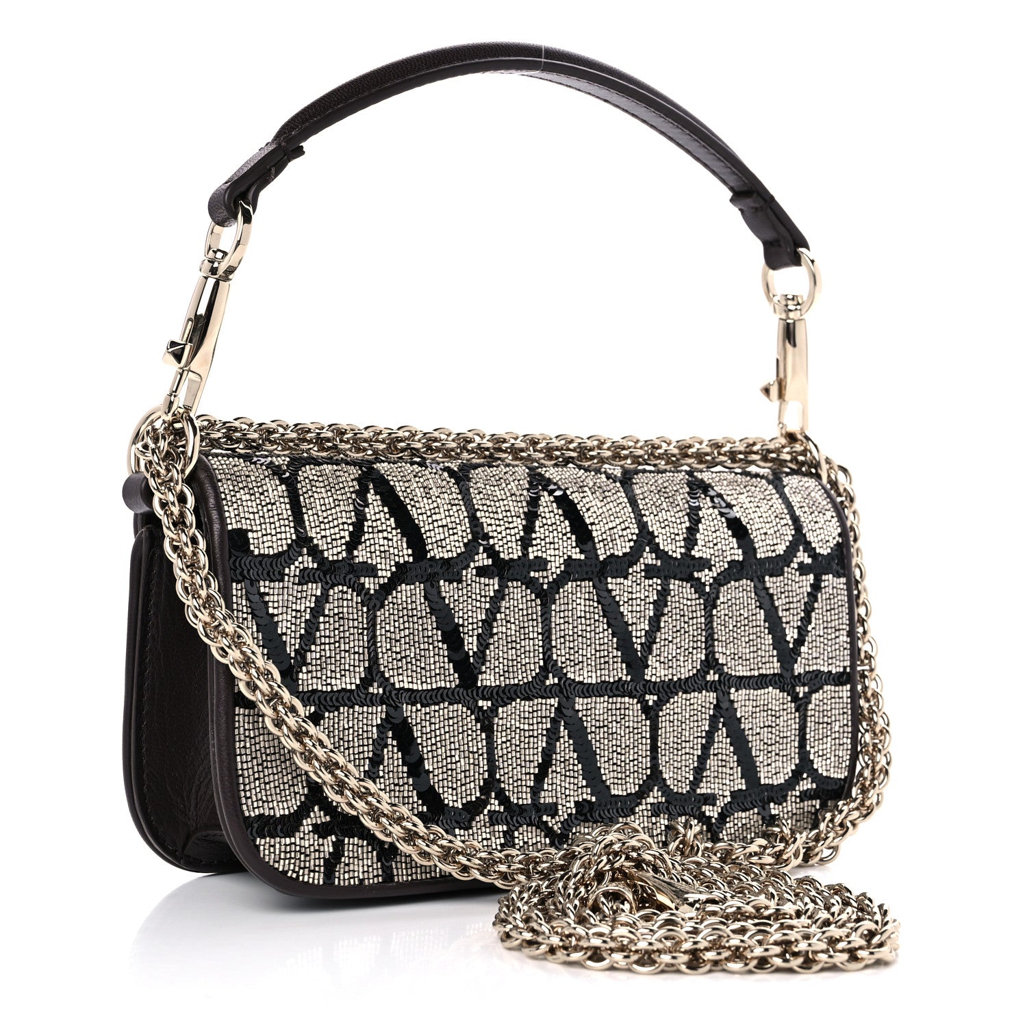 Valentino Garavani Sequins Toile Iconographe Calfskin Beaded Vlogo Small Loco Shoulder Bag Argento Black Fondant 3 of 9