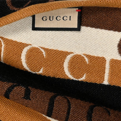 Gucci Wool Cotton Logo Wood Stripes Scarf Light Brown Dark Brown 4 of 5