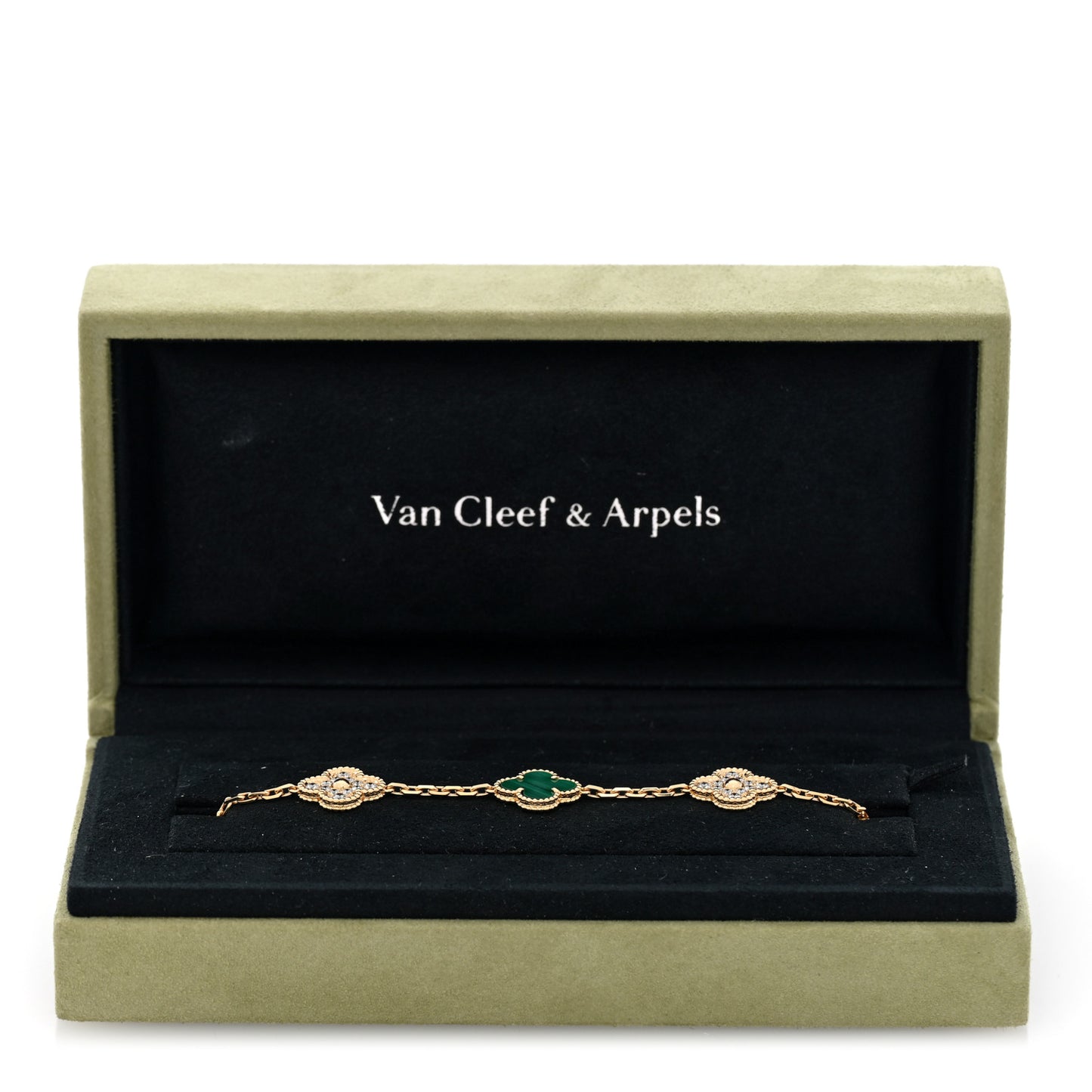 18K Yellow Gold Diamond Malachite 5 Motifs Vintage Alhambra Bracelet