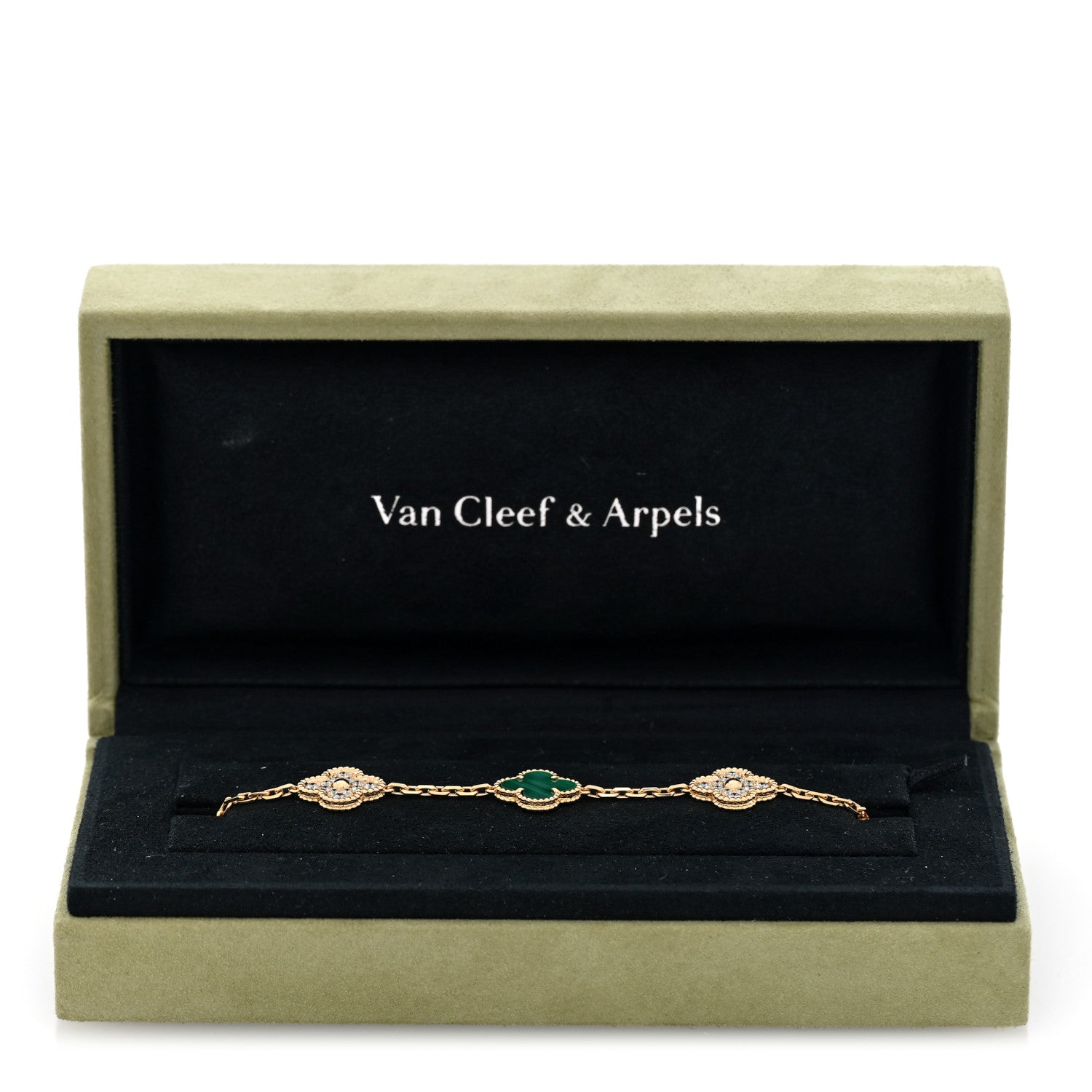 Van Cleef & Arpels 18K Yellow Gold Diamond Malachite 5 Motifs Vintage Alhambra Bracelet 4 of 4