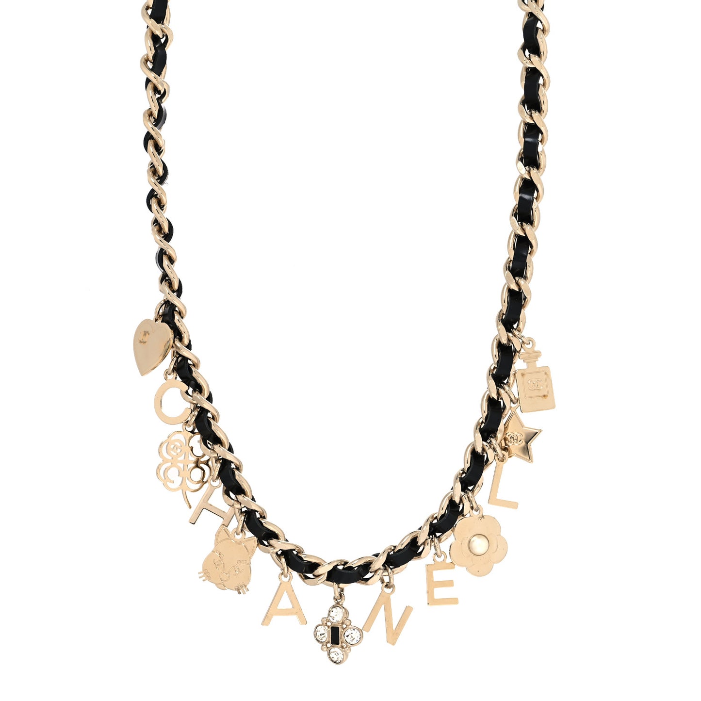 Lambskin Crystal CC Logo Charming Necklace Gold Black