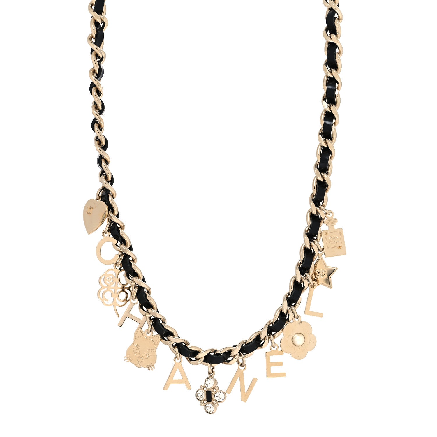 Chanel Lambskin Crystal CC Logo Charming Necklace Gold Black 1 of 5