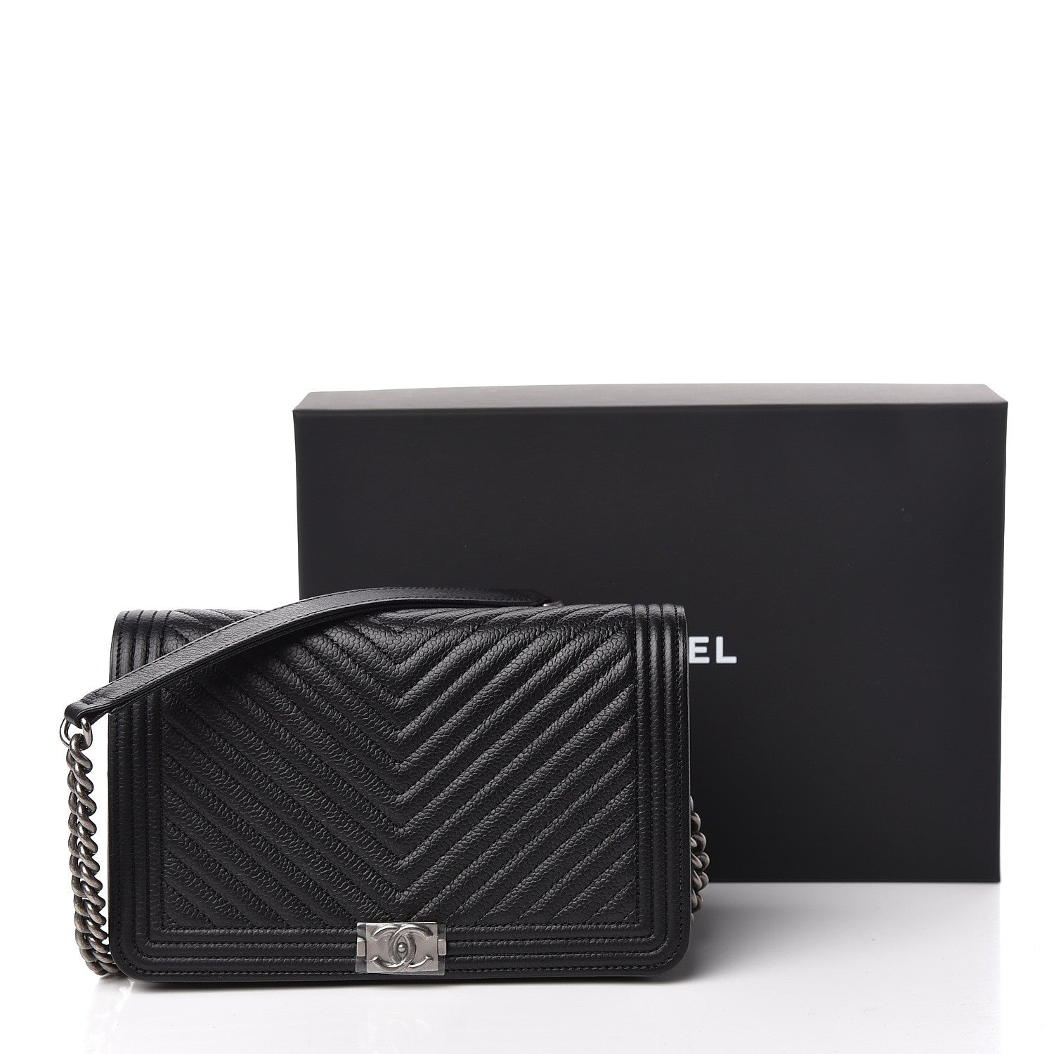 Chanel Grained Calfskin Chevron Quilted Boy Wallet On Chain WOC Black 14 of 14