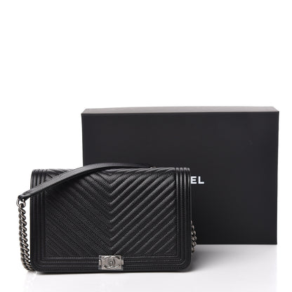 Chanel Grained Calfskin Chevron Quilted Boy Wallet On Chain WOC Black 14 of 14