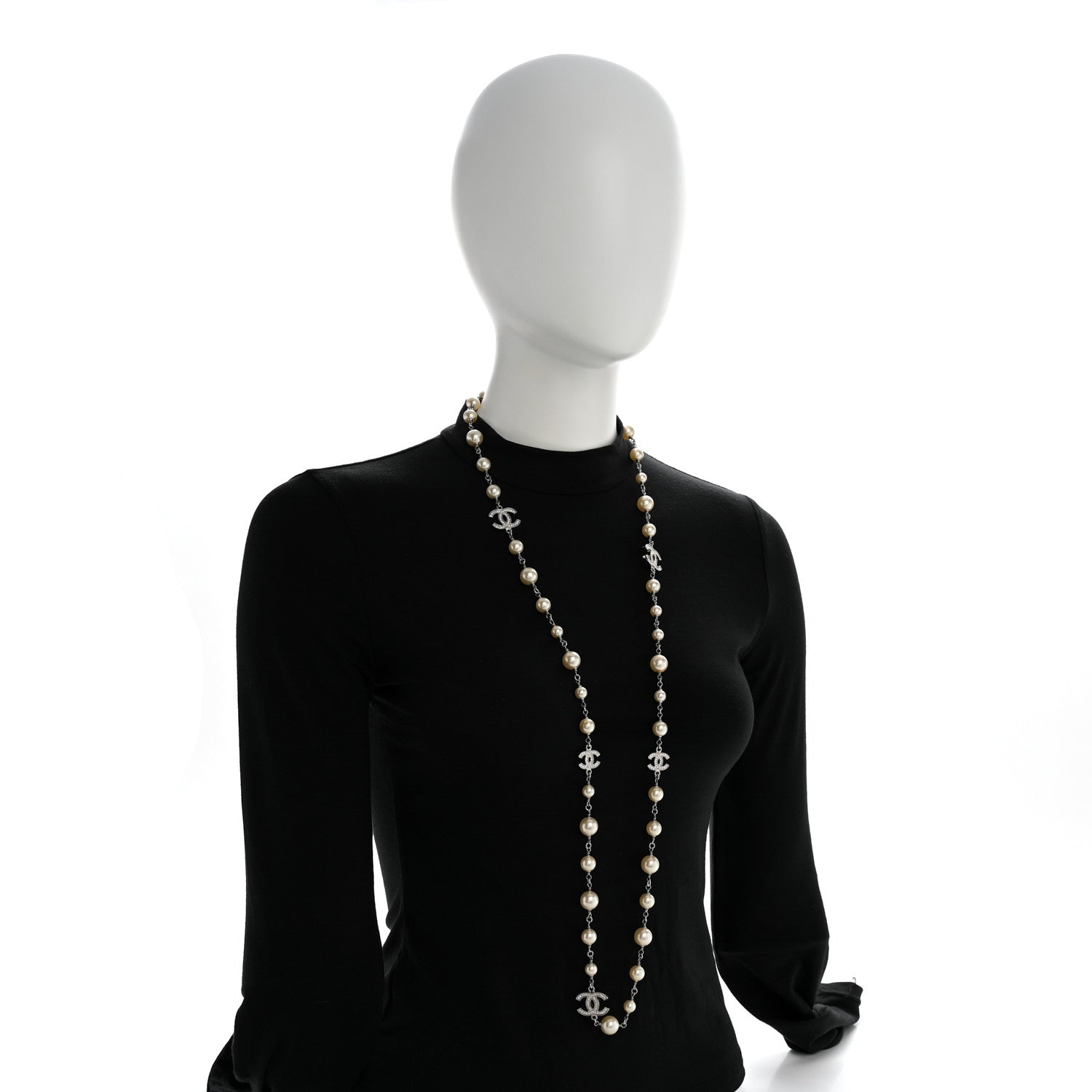 Chanel Graduated Pearl Crystal CC Long Necklace Silver 2 of 8