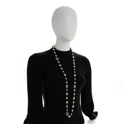Chanel Graduated Pearl Crystal CC Long Necklace Silver 2 of 8
