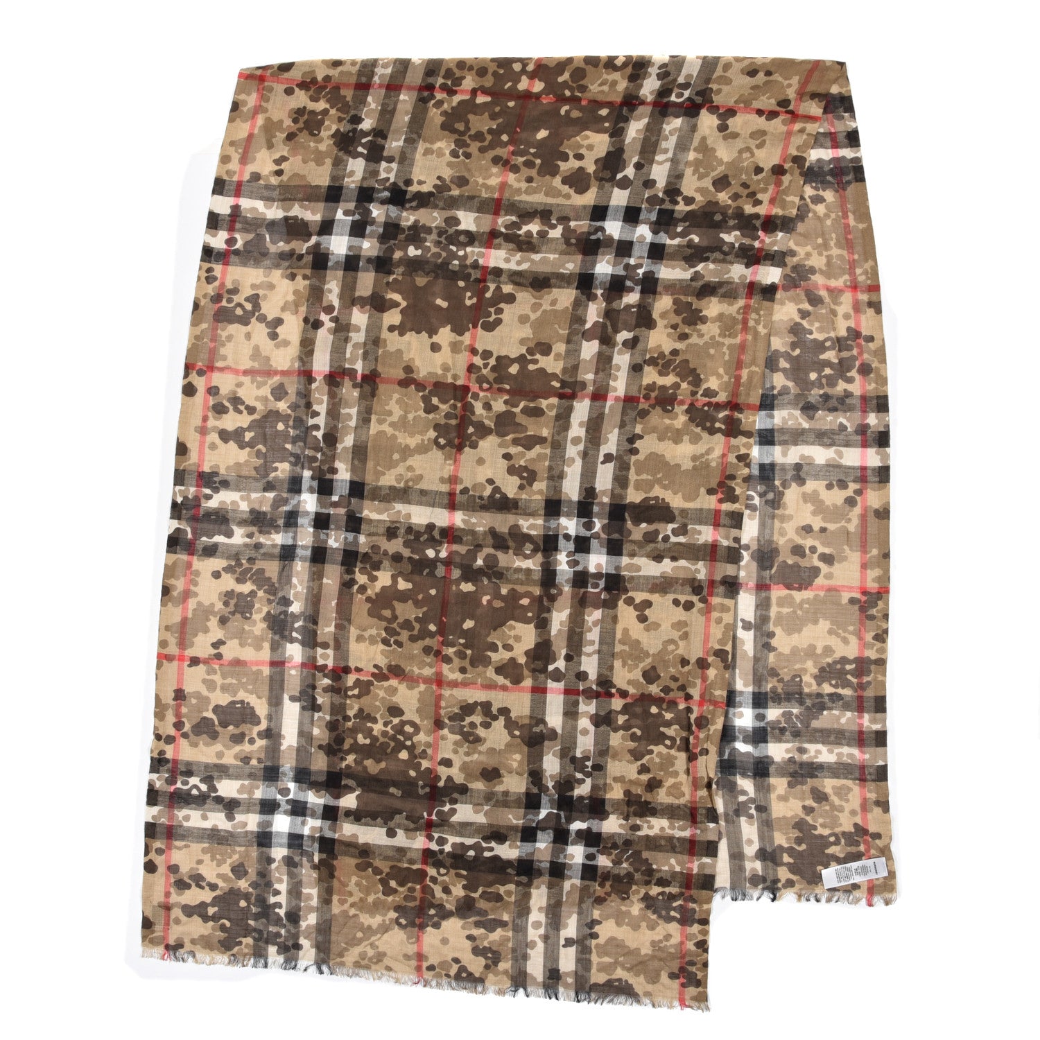Burberry Wool Silk Camoflauge Print House Check Lightweight Scarf Camel 2 of 4