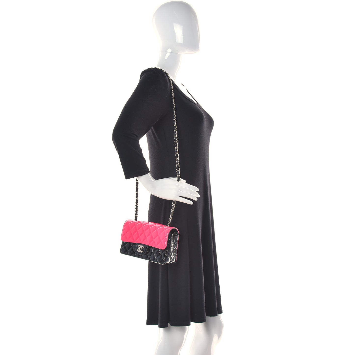 Patent Calfskin Quilted Bi-Color Mini Rectangular Flap Pink Black