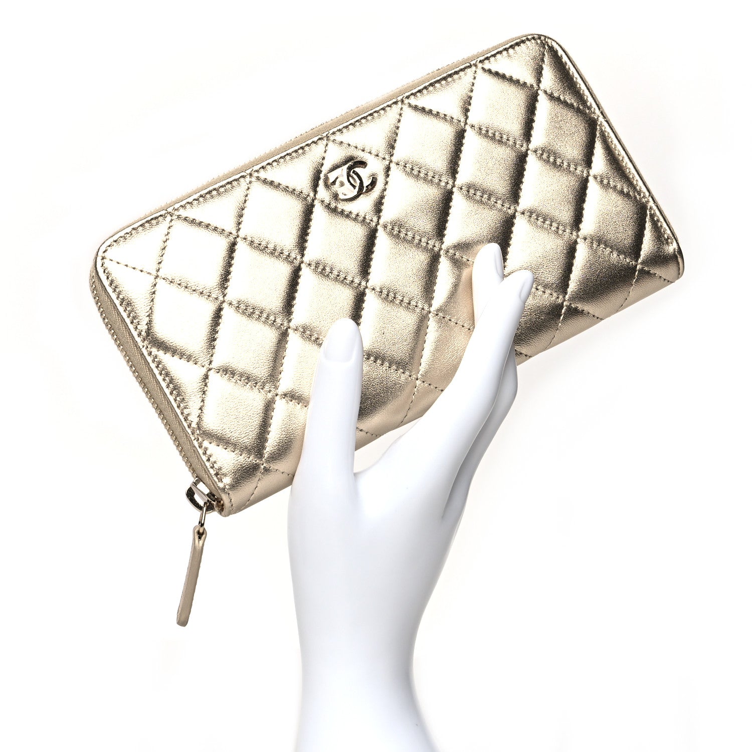 Chanel Metallic Lambskin Quilted Large Gusset Zip Around Wallet Gold 2 of 8