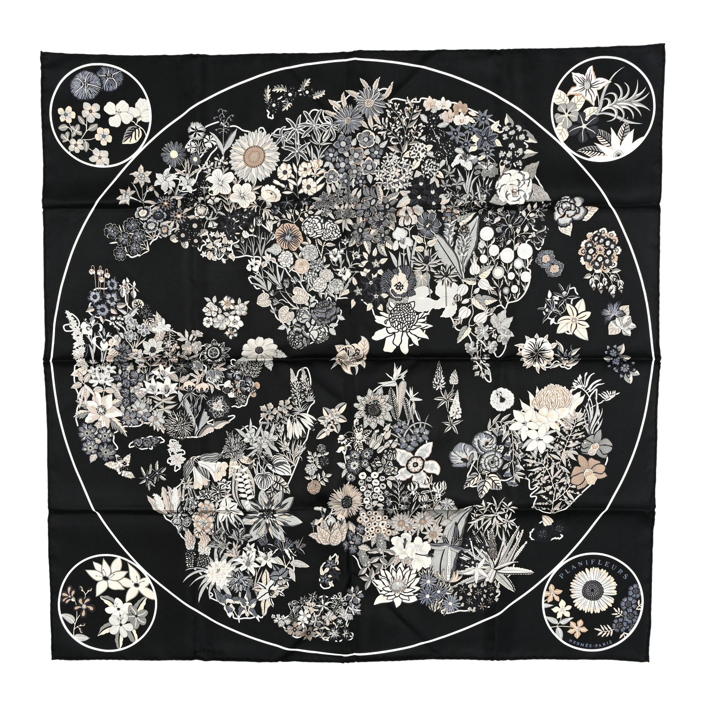 Silk Planifleurs Scarf 90 Black Gris Parchemin