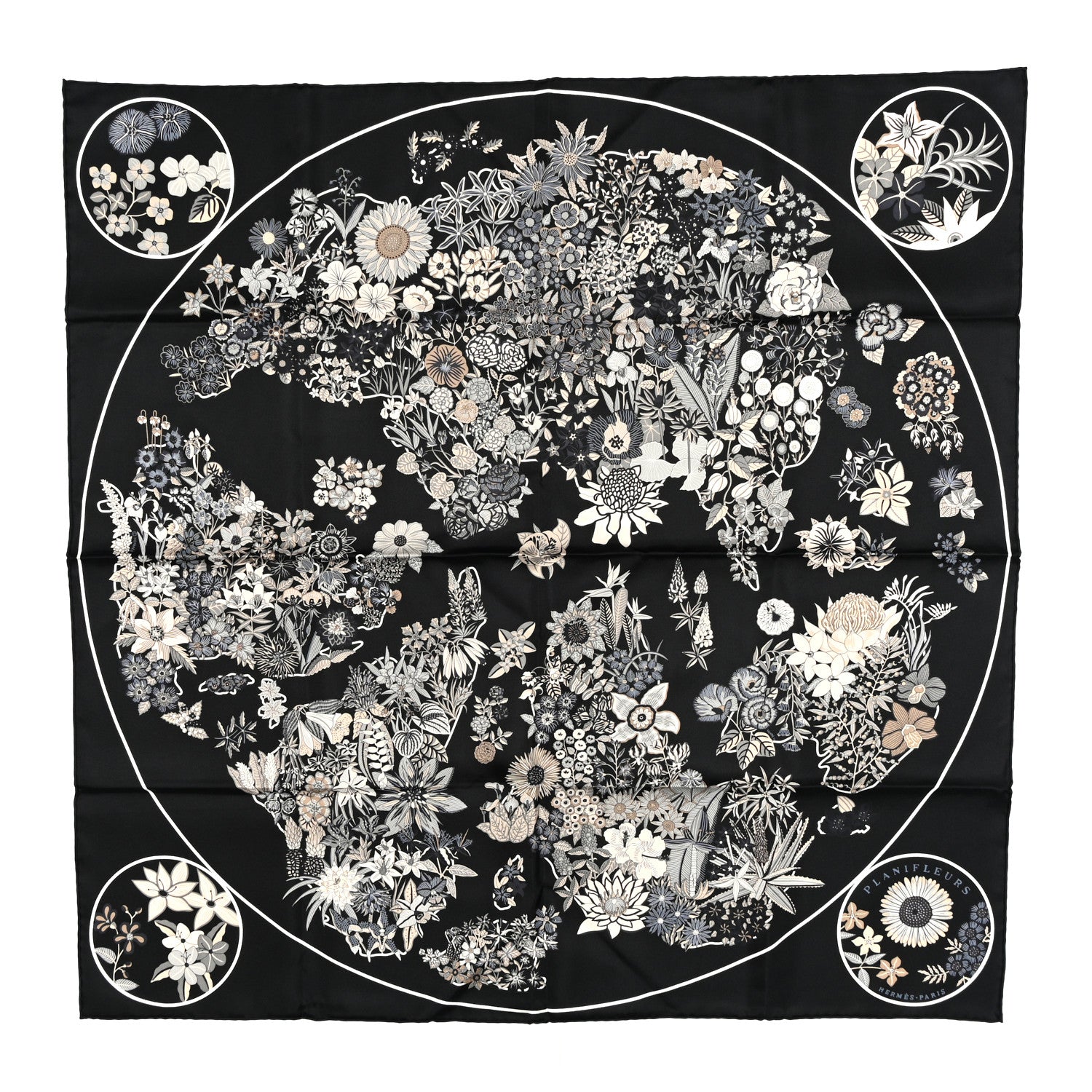 Hermes Silk Planifleurs Scarf 90 Black Gris Parchemin 1 of 4