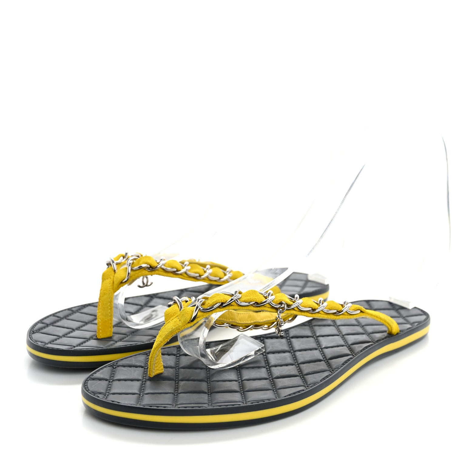 Chanel Suede Calfskin Quilted Chain Thong Sandals 37 Yellow 4 of 13