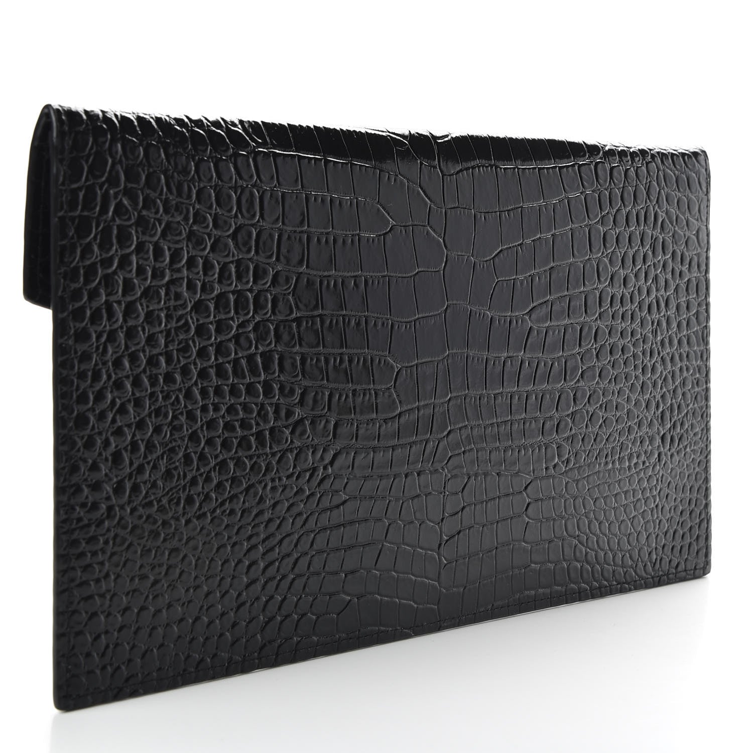 Saint Laurent Calfskin Crocodile Embossed Uptown Monogram Clutch Black 3 of 7
