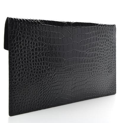 Saint Laurent Calfskin Crocodile Embossed Uptown Monogram Clutch Black 3 of 7