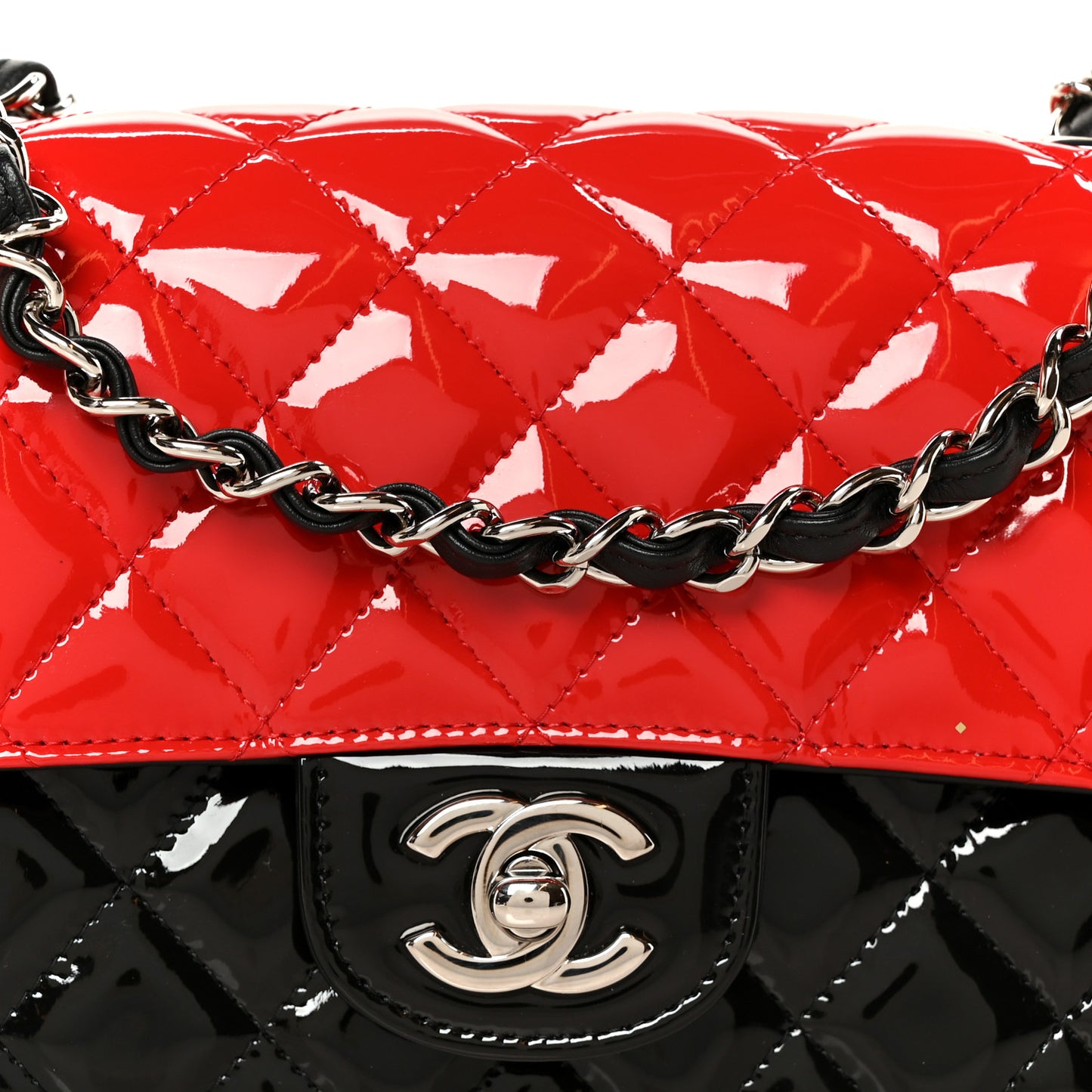 Patent Calfskin Quilted Bi-Color Mini Rectangular Flap Red Black