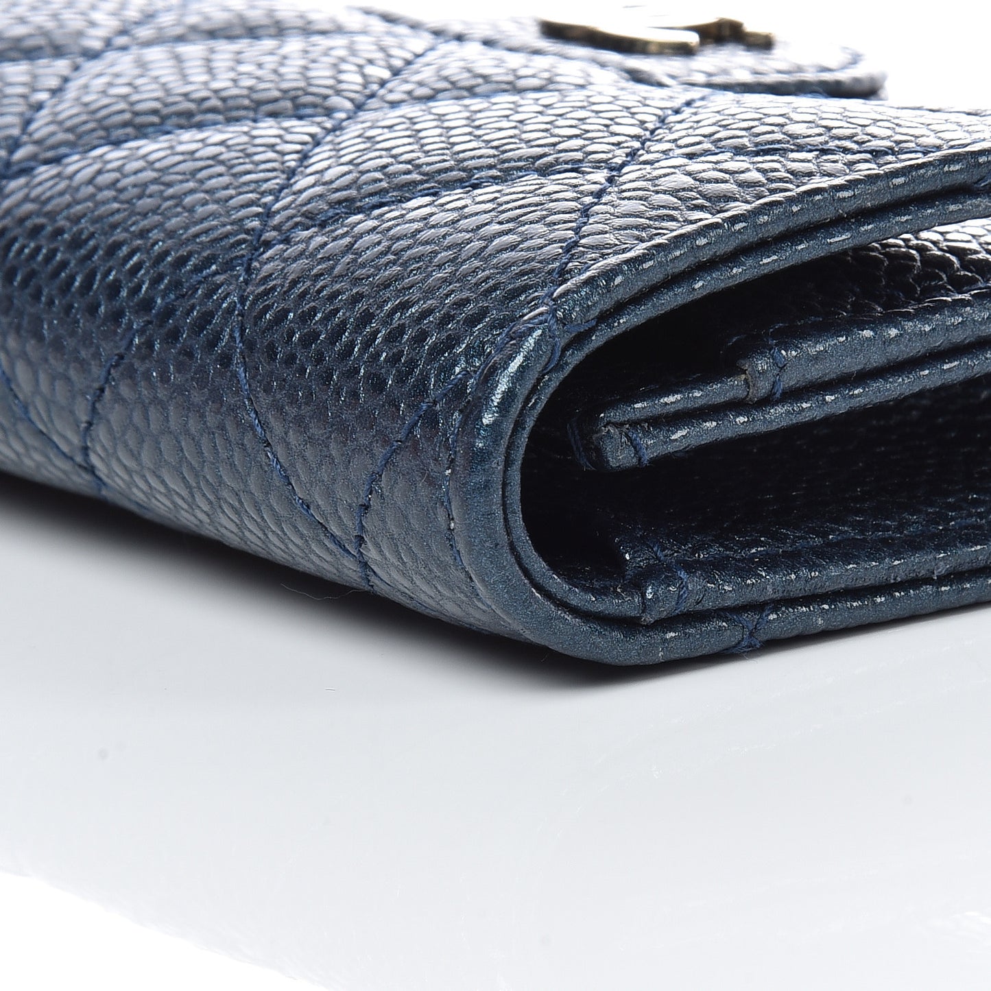 Iridescent Caviar Quilted Flap Card Holder Dark Blue