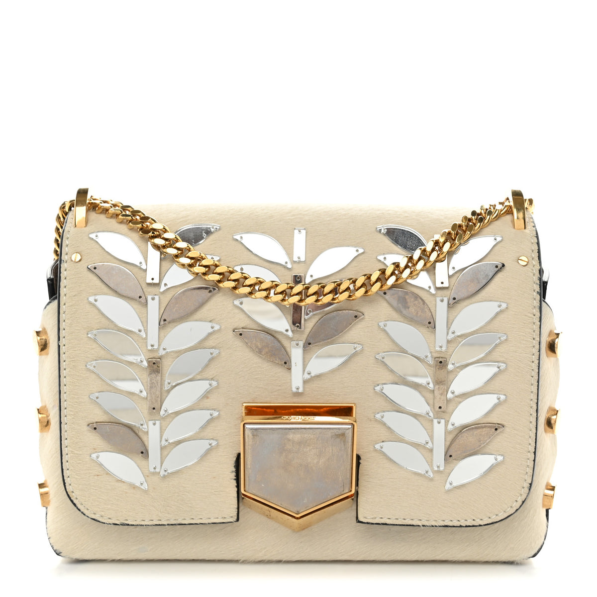Calf Hair Mirror Embellished Lockett Petite Shoulder Bag White