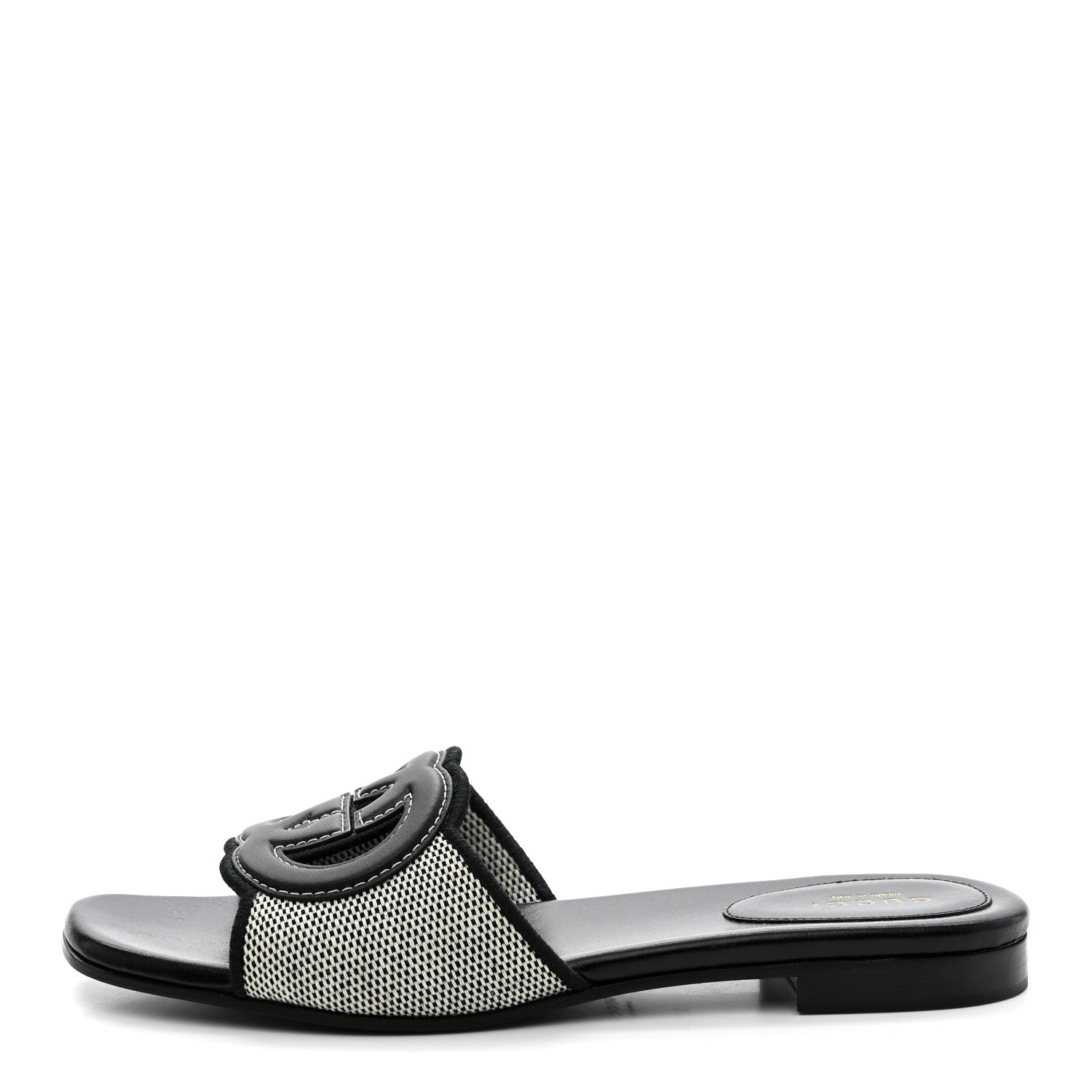 Gucci Cosmo Softy Calfskin Canvas Interlocking G Cut Out Slide Sandals 37.5 Natural Black 1 of 8