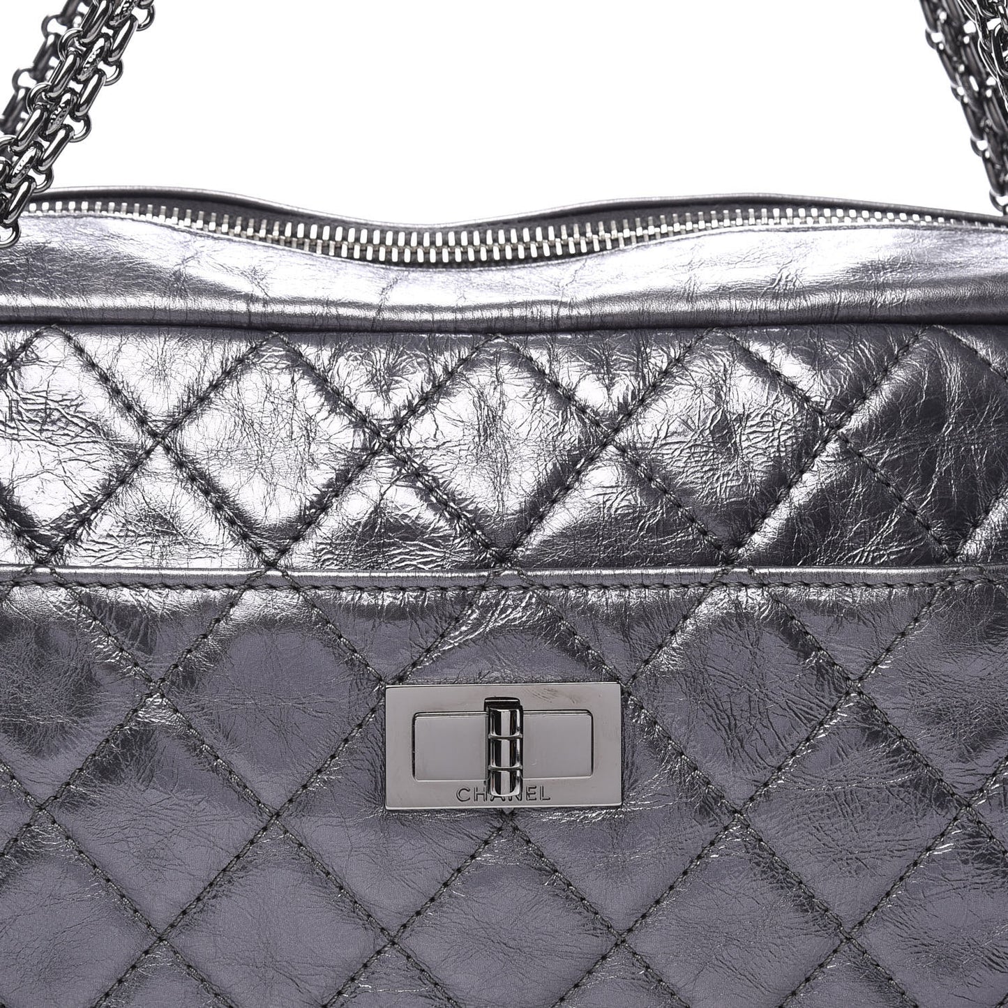Metallic Aged Calfskin Quilted Medium Reissue Camera Case Dark Silver