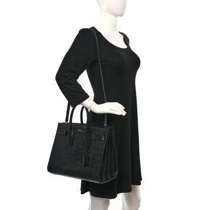Saint Laurent Calfskin Crocodile Embossed Small Sac de Jour Black 2 of 10