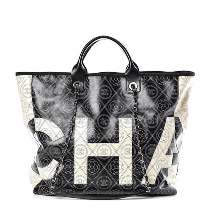 Chanel Coated Canvas Camellia Medium Shopping Tote Black Beige 1 of 10