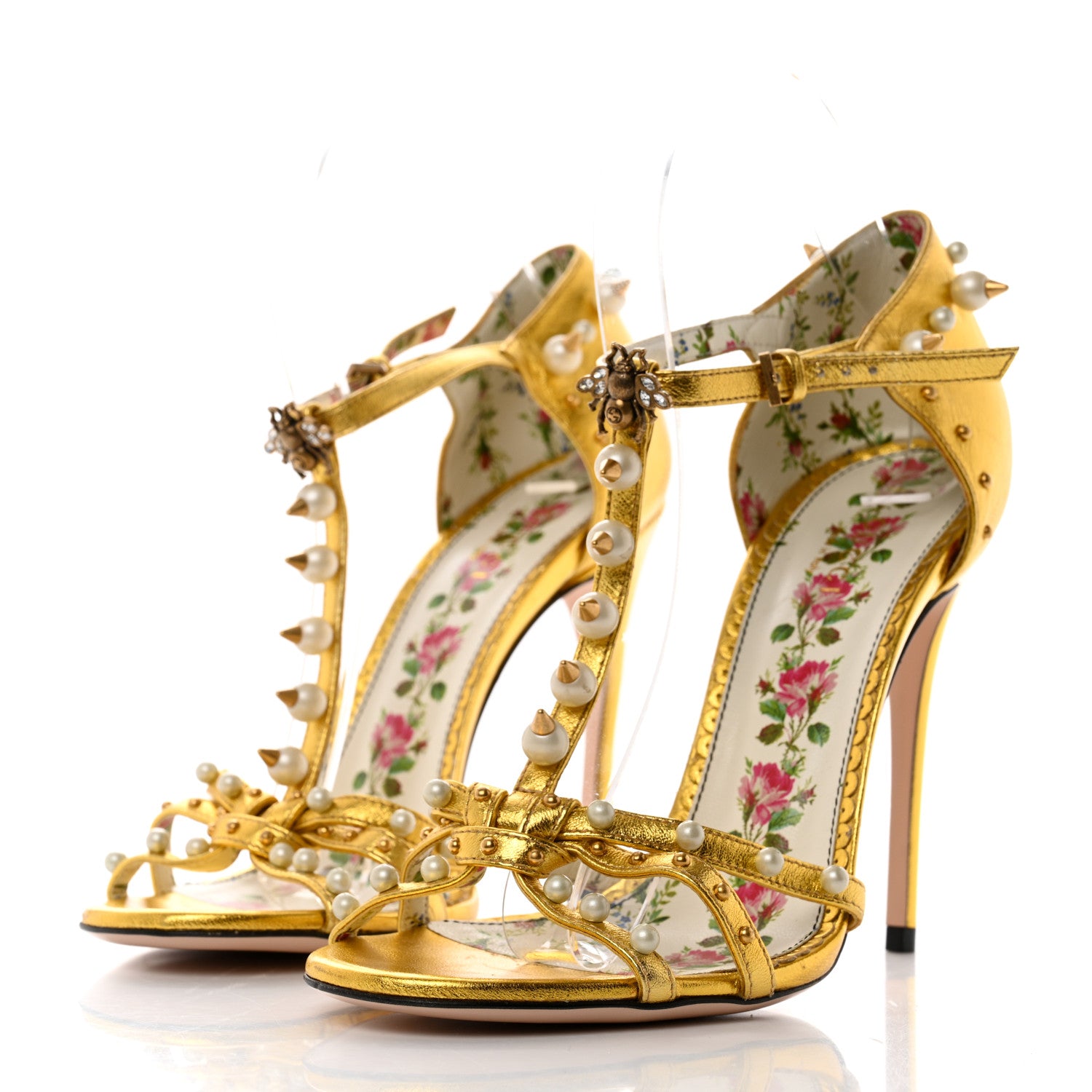 Gucci Metallic Nappa Silk Pearl Studded Regina T-Strap High Heel Sandals 37.5 Oro Vecchio 3 of 8