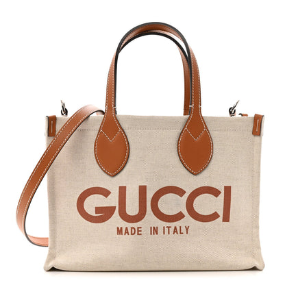 Gucci Canvas Calfskin Logo Print Medium Tote Bag Brown 1 of 11