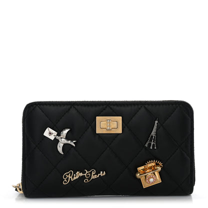 Chanel Aged Calfskin Quilted Small Lucky Charms 2.55 Reissue Zip Around Wallet Black 1 of 9