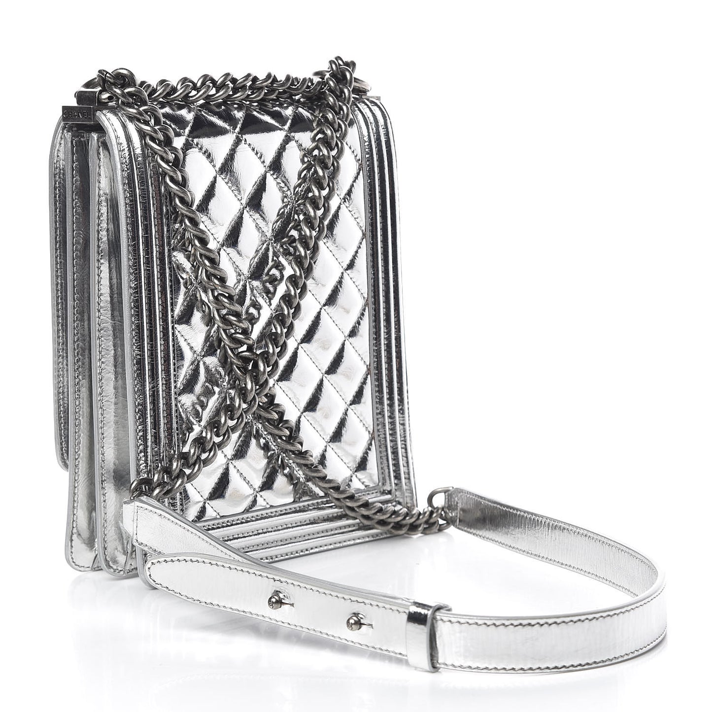 Metallic Goatskin Quilted North South Boy Flap Silver