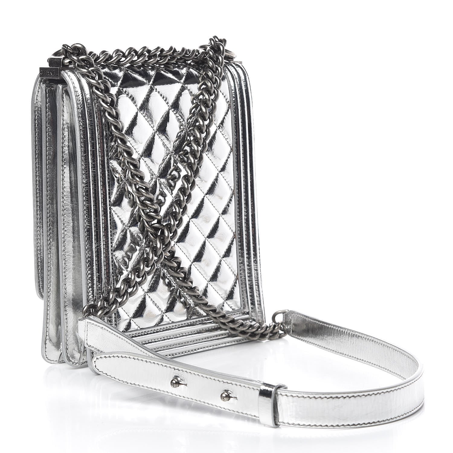 Chanel Metallic Goatskin Quilted North South Boy Flap Silver 3 of 10