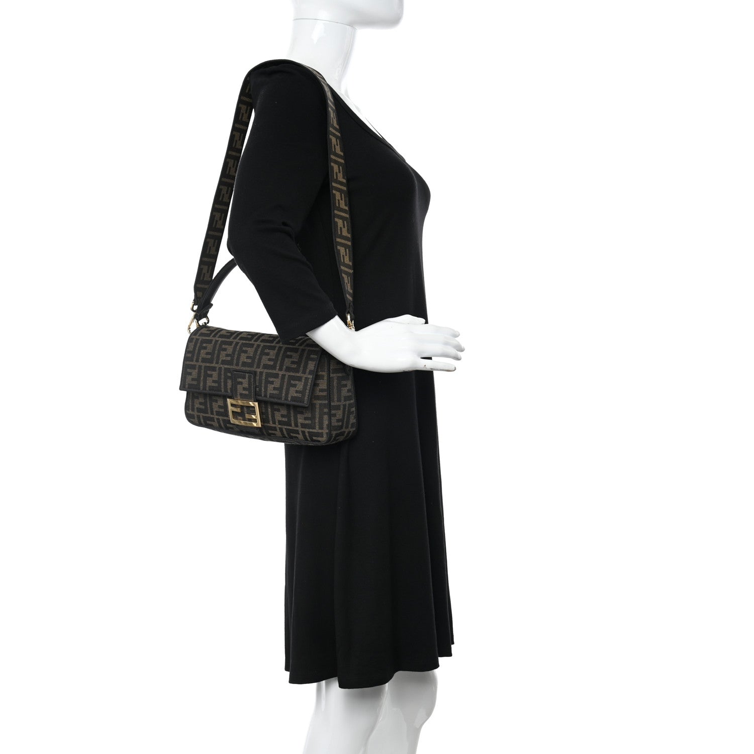 Fendi Fabric Jacquard FF 1974 Medium Baguette Tobacco Moro Black 2 of 12