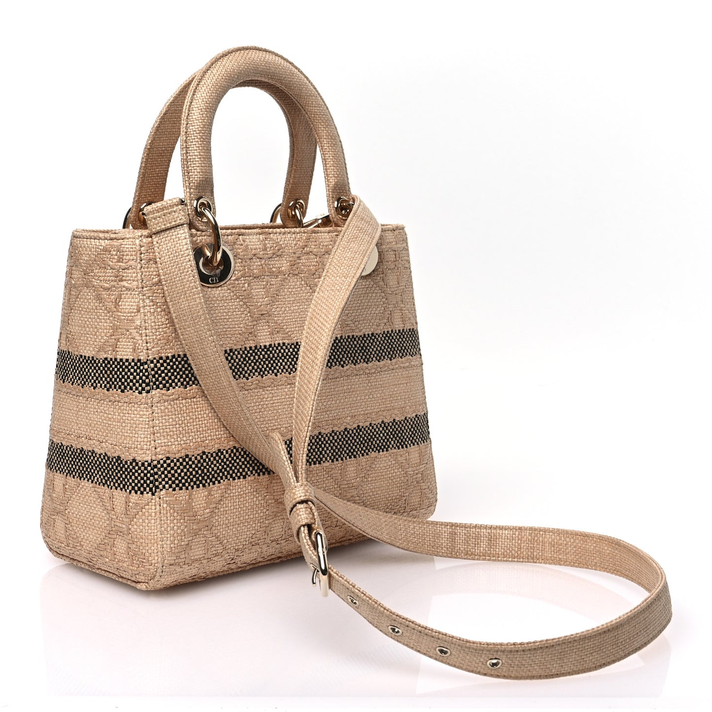 Raffia Woven Cannage Embroidered Medium Lady D-Lite Natural Black