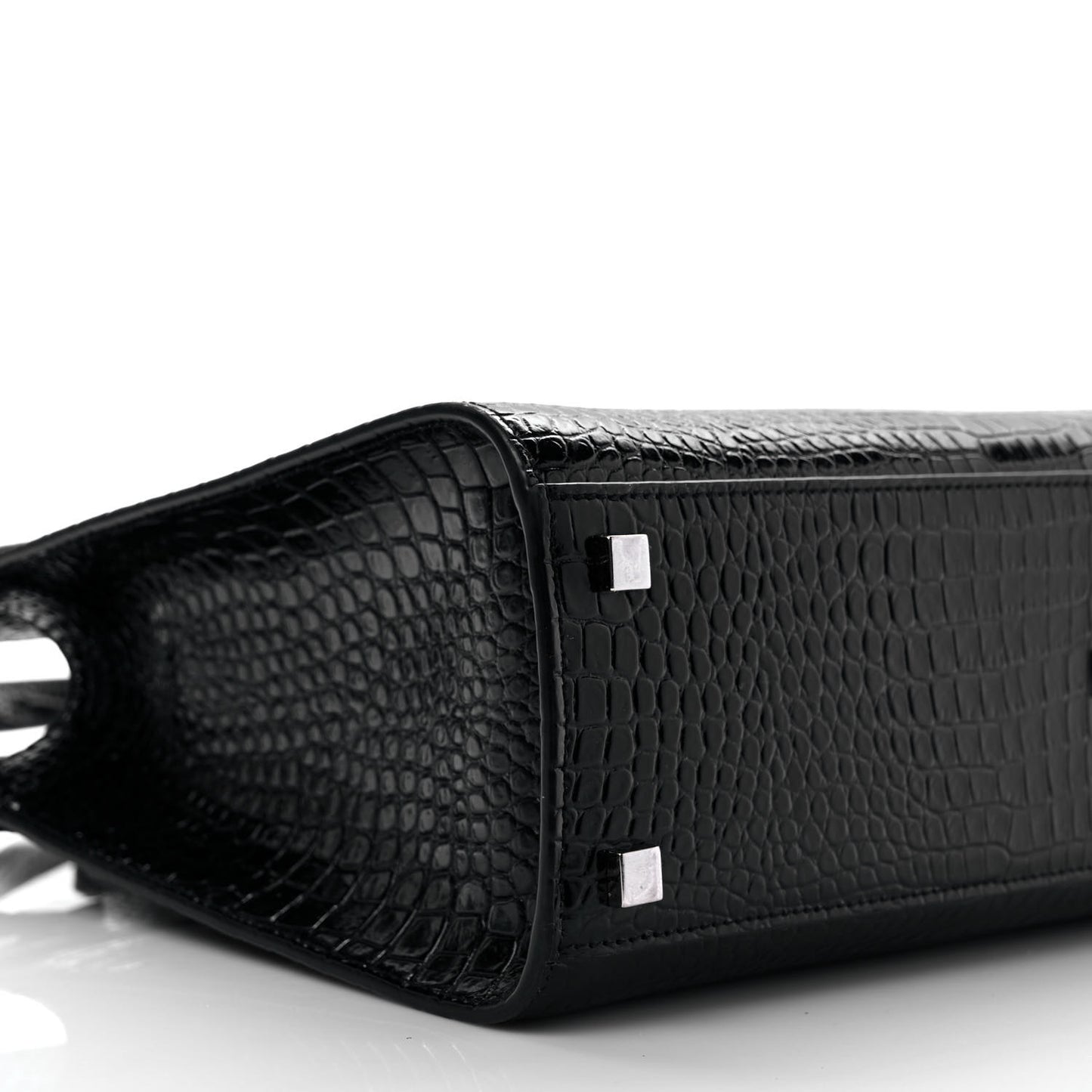 Shiny Calfskin Crocodile Embossed Small Manhattan Shopper Tote Black