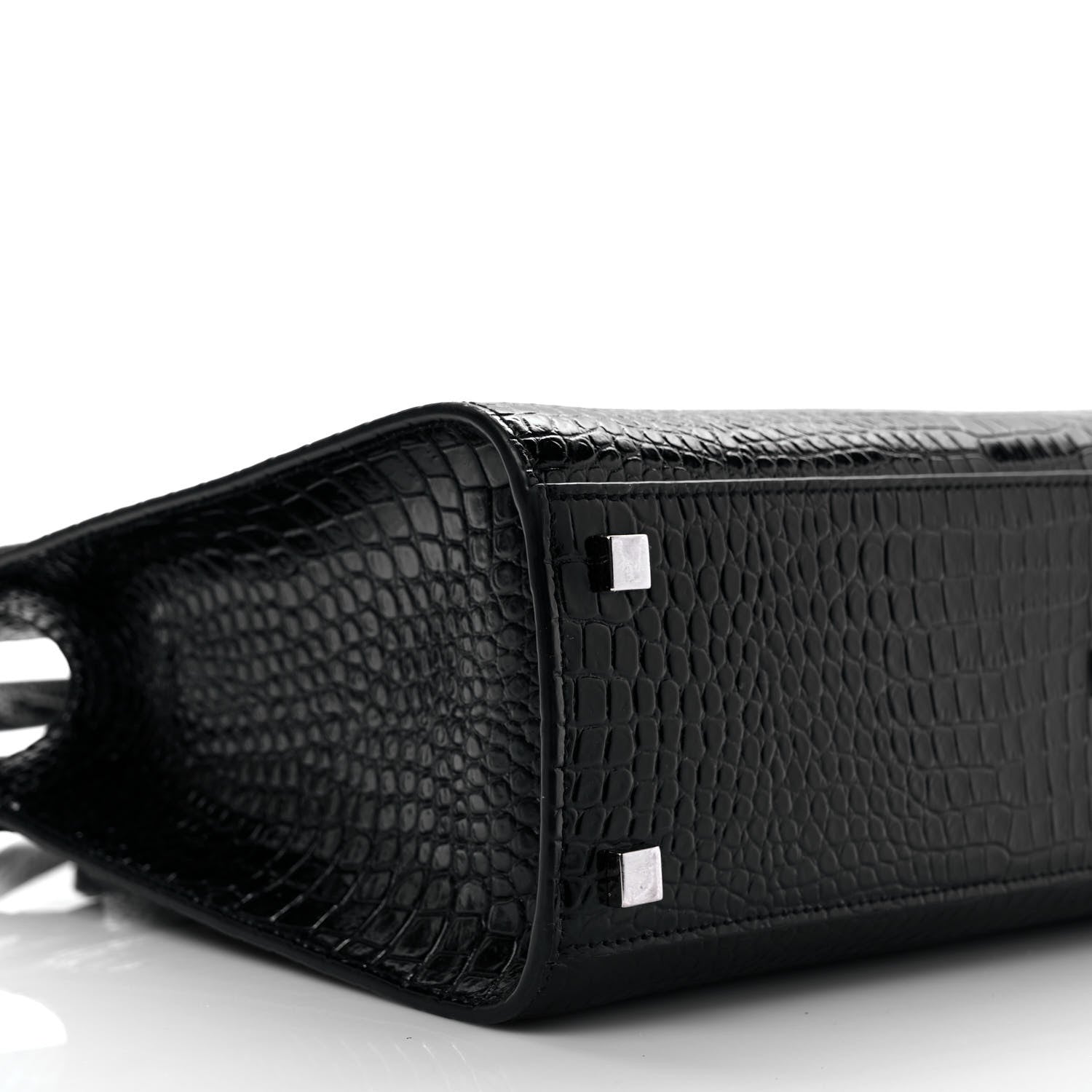 Saint Laurent Shiny Calfskin Crocodile Embossed Small Manhattan Shopper Tote Black 7 of 10