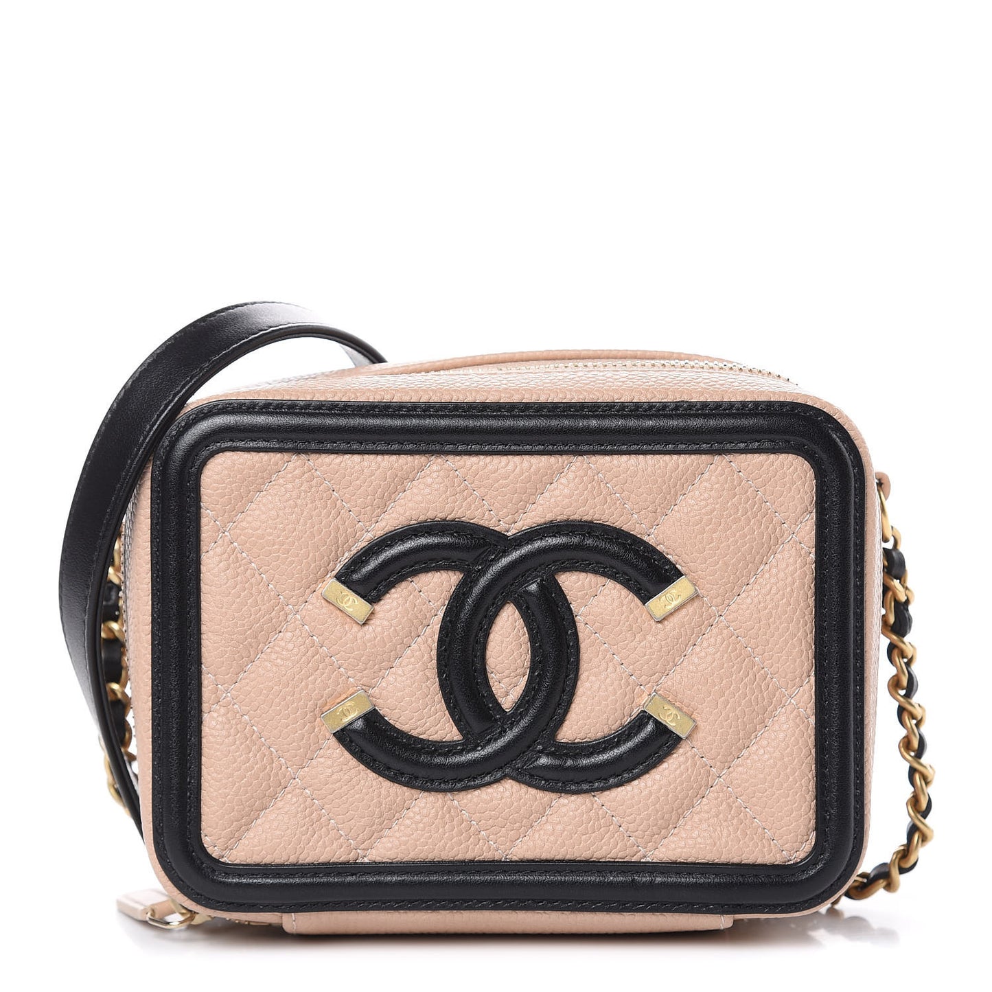 Caviar Quilted CC Filigree Vanity Clutch With Chain Beige Black