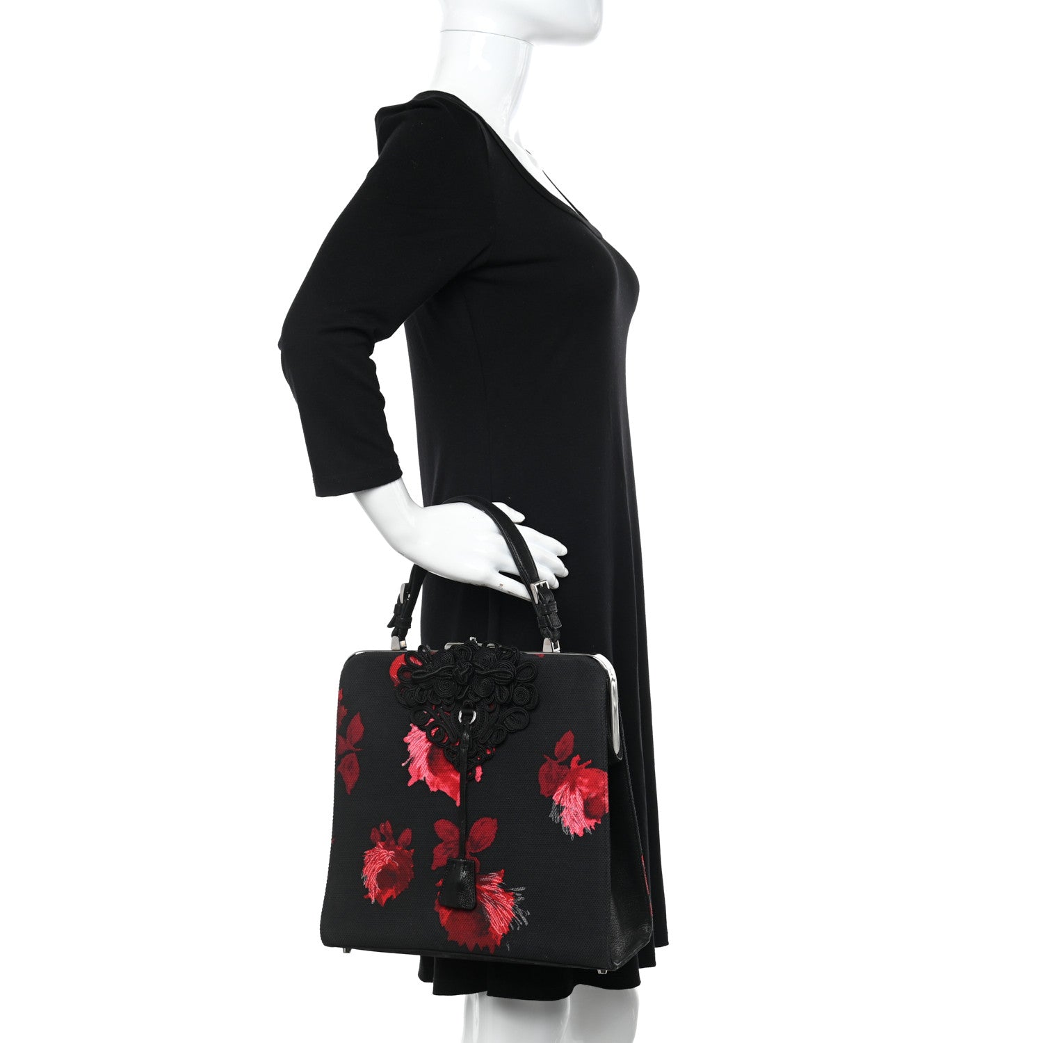 Prada Canapa Borsa Cerniera Hibiscus Top Handle Framed Bag Black