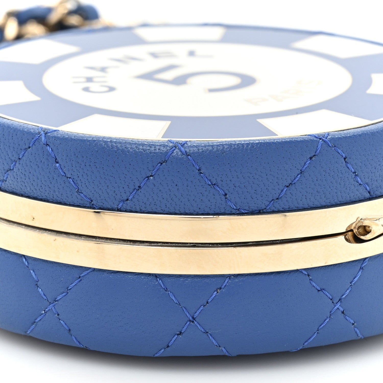 Chanel Lambskin Enamel Quilted Round Poker Chip Clutch With Chain Blue White 9 of 9