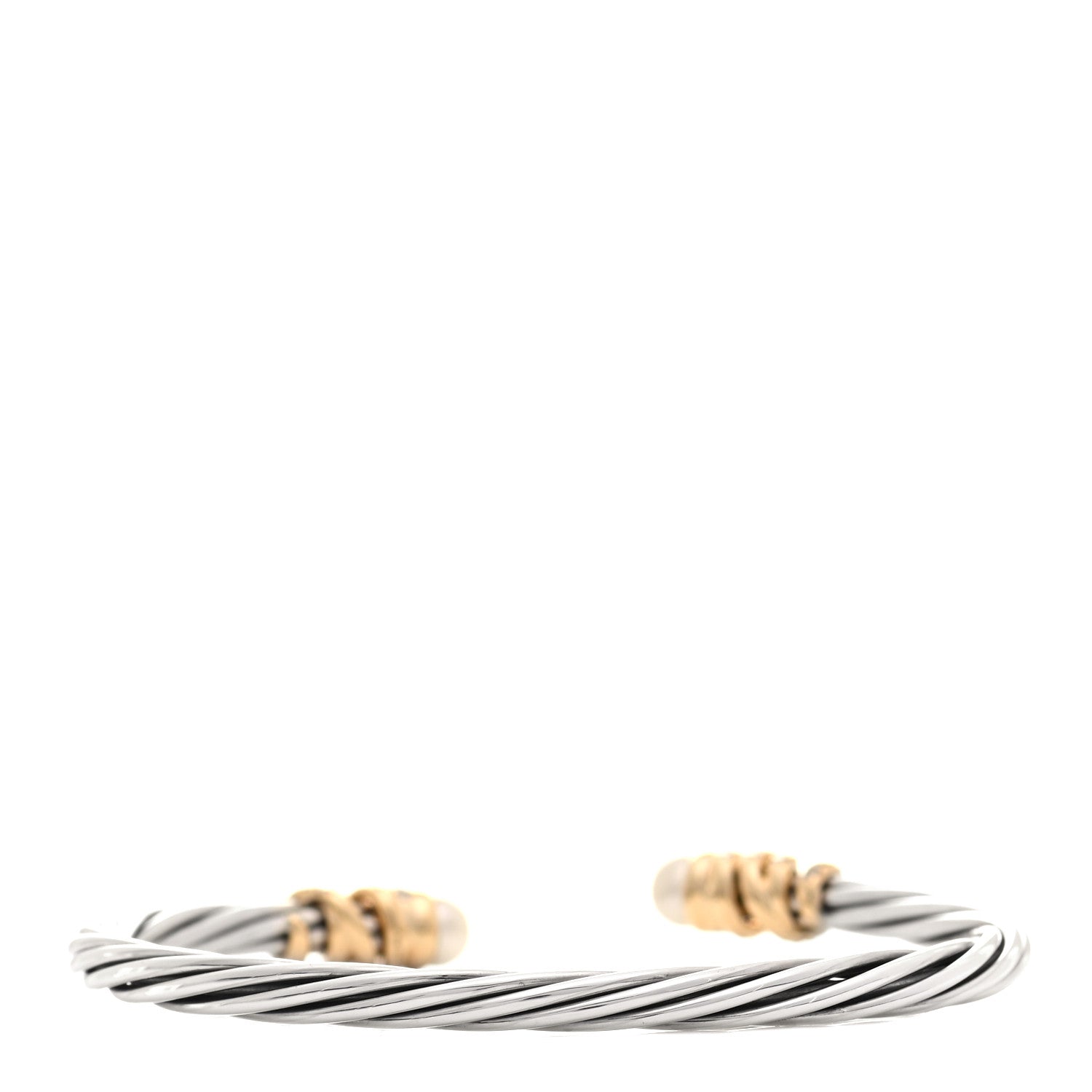 David Yurman Sterling Silver 18K Yellow Gold Diamond Pearl 4mm Helena Cuff Bracelet 3 of 4