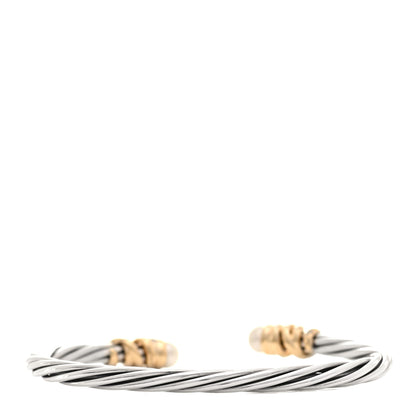 David Yurman Sterling Silver 18K Yellow Gold Diamond Pearl 4mm Helena Cuff Bracelet 3 of 4