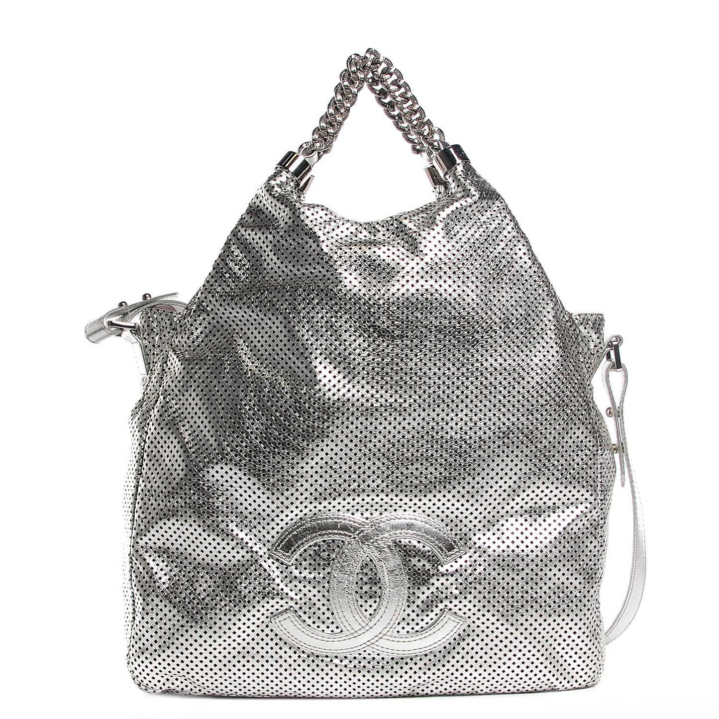 Metallic Glazed Calfskin Perforated Medium Rodeo Drive Tote Silver