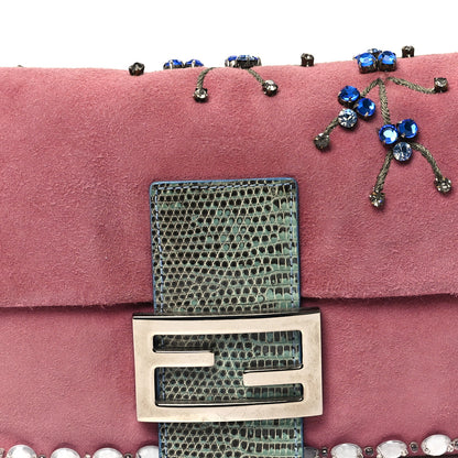 Fendi Velvet Snakeskin Beaded Crystal Baguette Pink 7 of 11