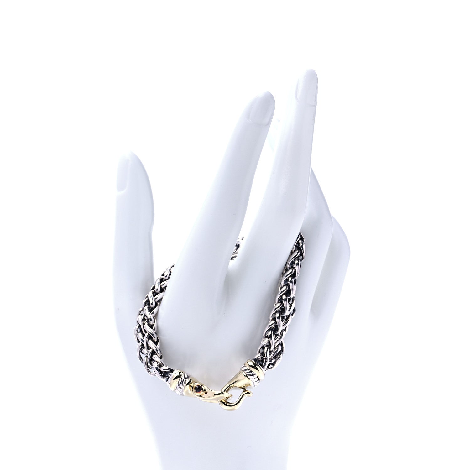 David Yurman Sterling Silver 14K Yellow Gold Garnet 6mm Double Wheat Buckle Bracelet 2 of 7