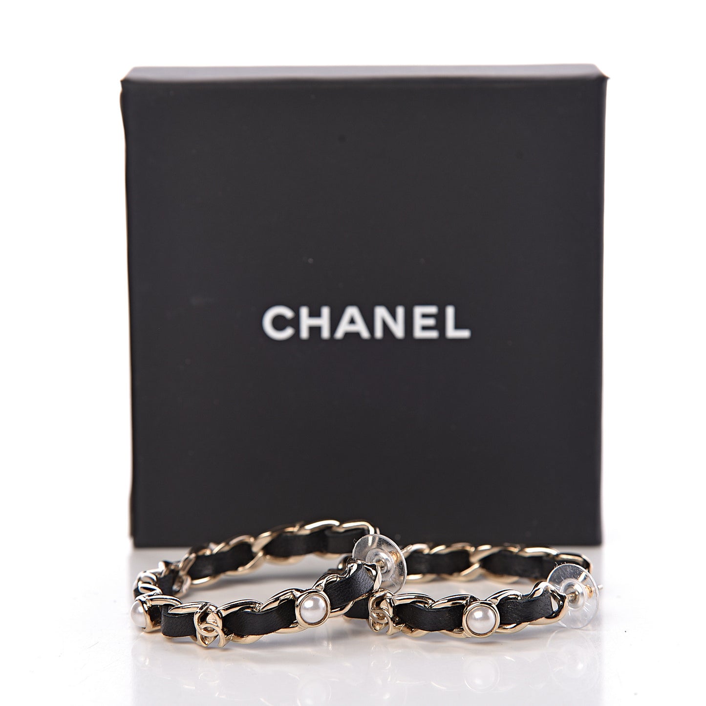 Lambskin Pearl CC Chain Hoop Earrings Gold Black