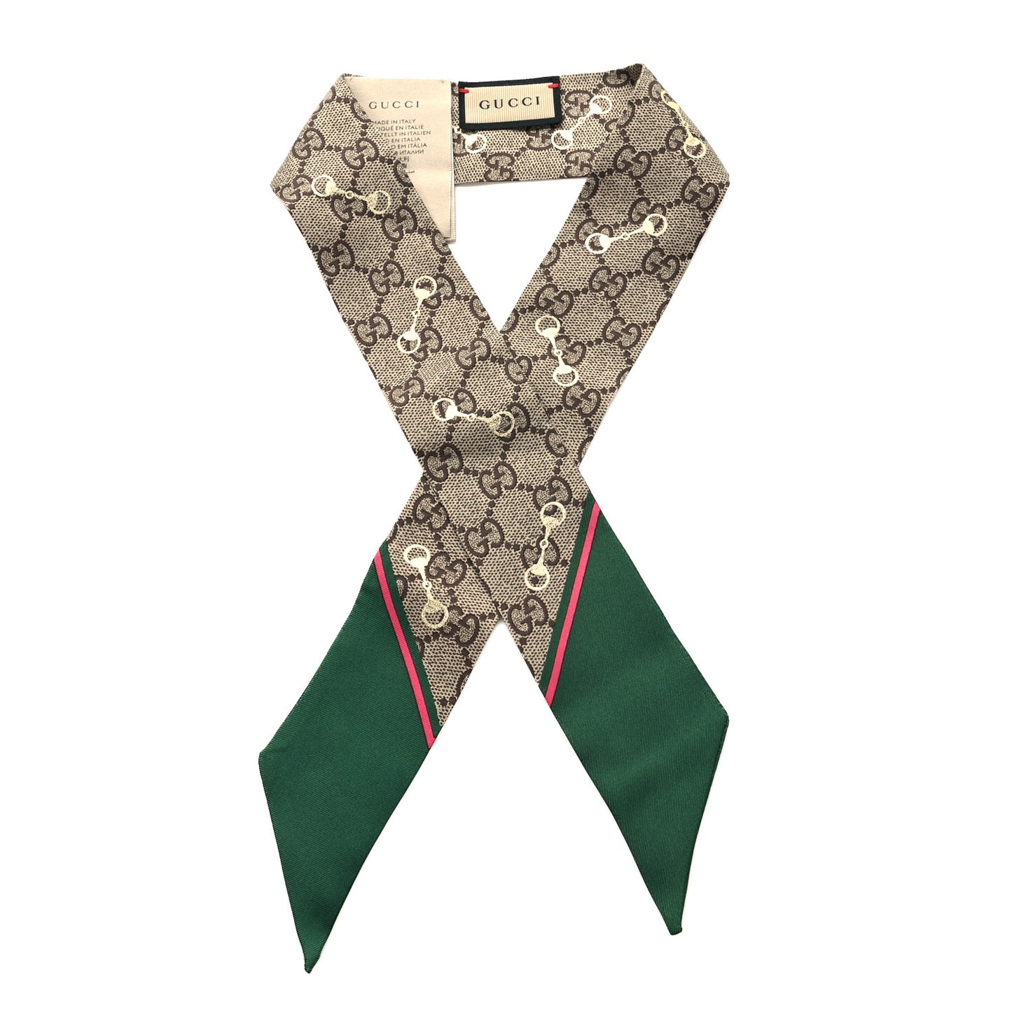 Silk Twill GG Monogram Gold Horsebity Neck Bow Scarf Green Pink