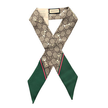 Gucci Silk Twill GG Monogram Gold Horsebity Neck Bow Scarf Green Pink 1 of 3