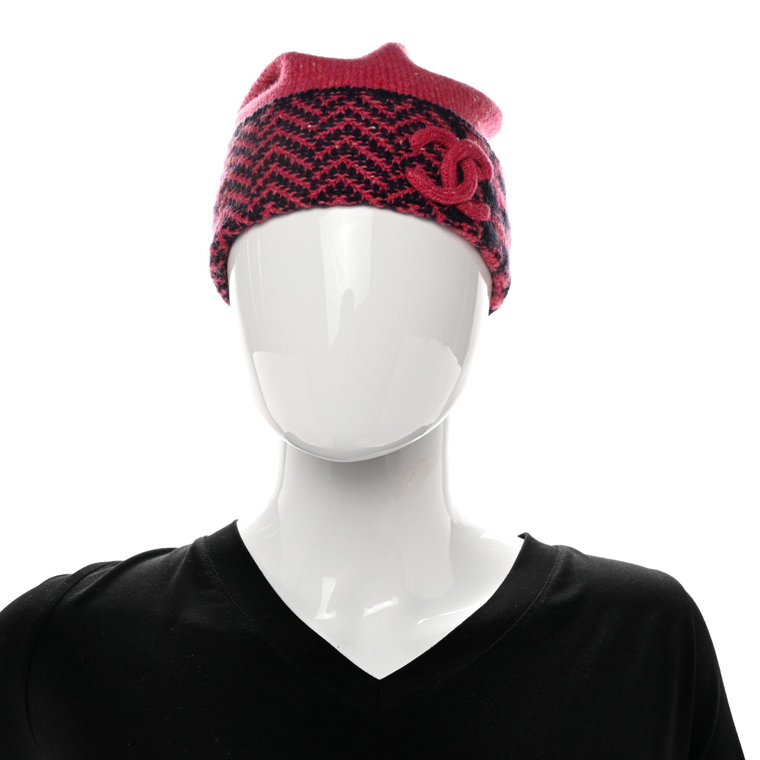 Chanel Cashmere Houndstooth CC Beanie Hat Pink Navy Blue 2 of 6